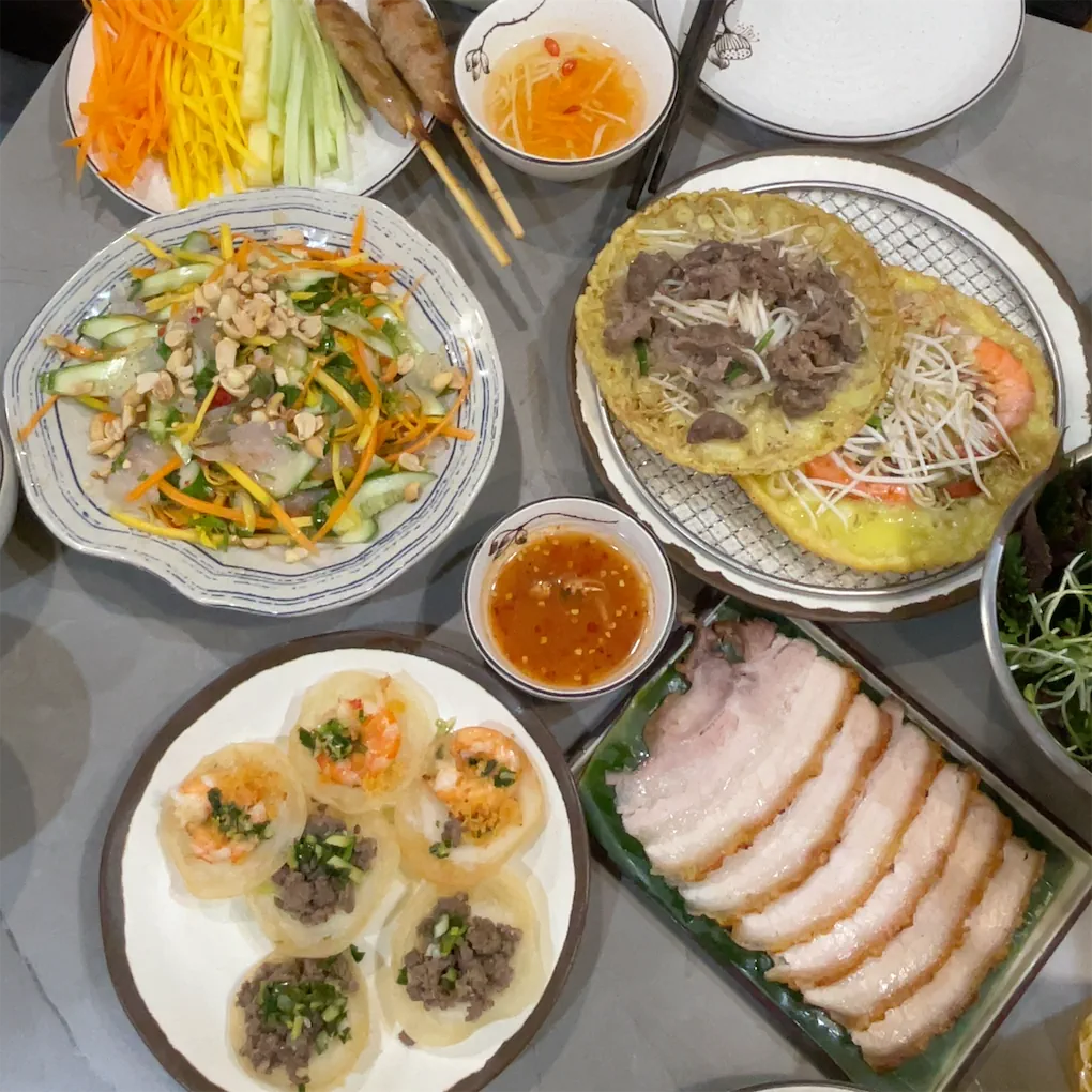 Bánh Xèo sizzling pancakes spread
